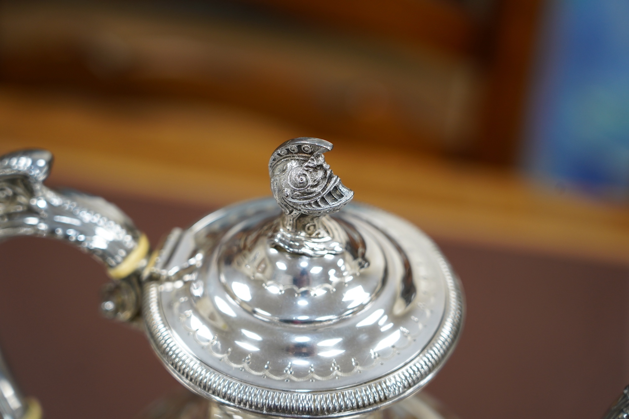 A Victorian four piece plated teaset and a tray. CITES Submission reference 6R2FT6J1. Condition - good